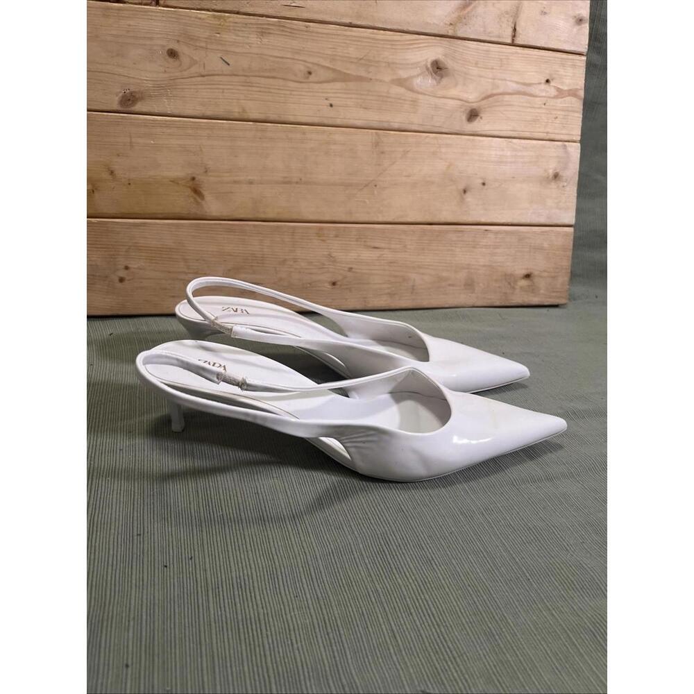ZARA White Patent Leather 2” Slingback Kitten Heels Pointed Closed Toe Sz 41 10 - Picture 4 of 8